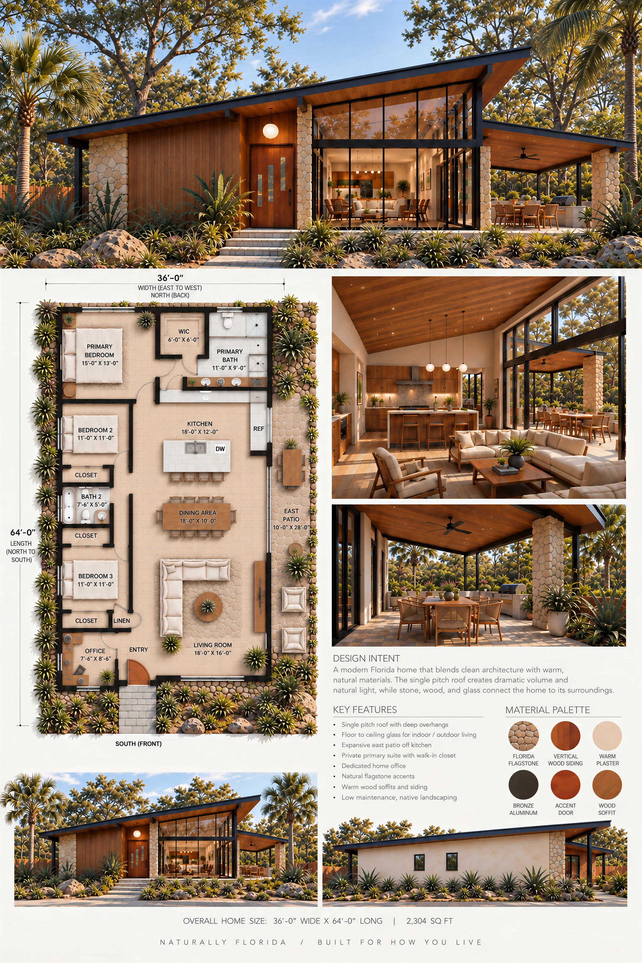 M-2304 by Archetype Design Team — modern Florida home: exterior rendering, floor plan, interiors, and material palette